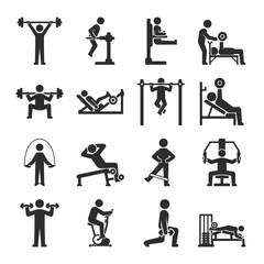 Fitness exercises icons set. People do physical exercises at the gym. Various fitness equipment, different muscle groups. Vector black and white icon