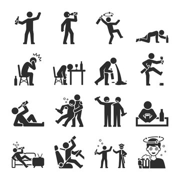 Human drinks alcohol, people icons set. Excessive consumption of alcoholic beverage. Man got drunk. Bad behavior of drunken people. Vector black and white icon, isolated symbol
