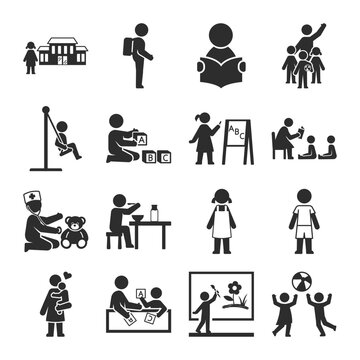 Kindergarten, elementary school, people icons set. Children learn and have fun in the educational institution. Activities for children. Vector black and white icon