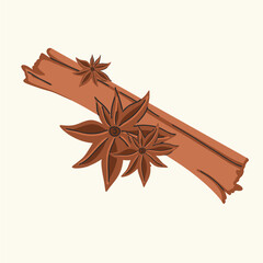 Cinnamon sticks and star anise, isolated on white background. Engraving style vector illustration.