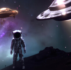 Fototapeta premium Astronaut in spacesuit in outer space and flying ufo around him. Beautiful galaxy nebula 3D illustration. Cosmonaut in universe and aliens fantasy contact. 