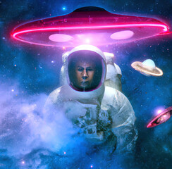 Astronaut in spacesuit in outer space and flying ufo around him. Beautiful galaxy nebula 3D illustration. Cosmonaut in universe and aliens fantasy contact. 