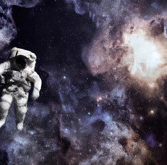 Obraz na płótnie Canvas Astronaut in spacesuit in outer space and flying ufo around him. Beautiful galaxy nebula 3D illustration. Cosmonaut in universe and aliens fantasy contact. 