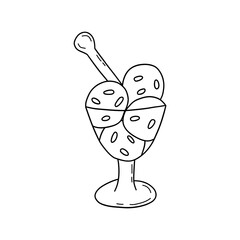 Ice cream scoops in a glass bowl with a spoon. Black and white vector isolated doodle illustration. Delicious summer dessert. Hand drawn contour