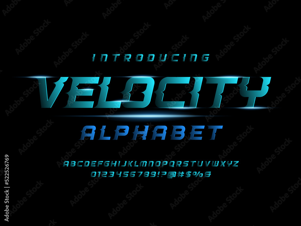 Fototapete speed racing style alphabet design with uppercase, numbers and symbol