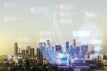 Plakat Multi exposure of abstract software development hologram and world map on Los Angeles skyscrapers background, global research and analytics concept