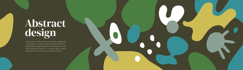 Abstract design template. Colorful vector shapes, geometric collage of blob, scribble, circle, spot. Contemporary art. Text and graphic elements. Web banner, horizontal illustration black background