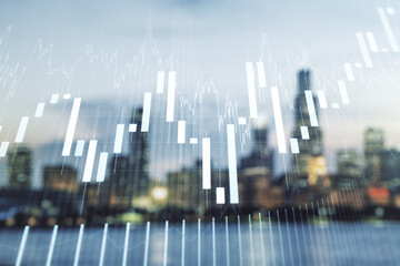 Abstract virtual financial graph hologram on blurry skyline background, forex and investment...