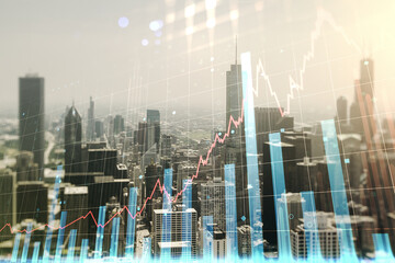 Multi exposure of virtual abstract financial graph interface on Chicago cityscape background,...