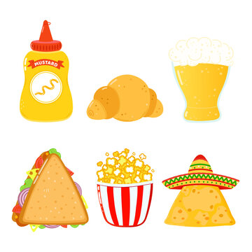 Funny happy fast food characters set. Vector hand drawn cartoon kawaii character illustration. Isolated white background. Cute mustard, croissant, beer, sandwich, popcorn, nachos