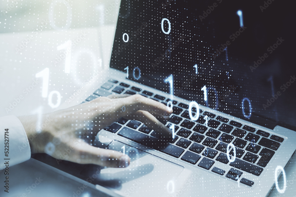 Aufkleber double exposure of creative abstract binary code hologram and hands typing on laptop on background. 