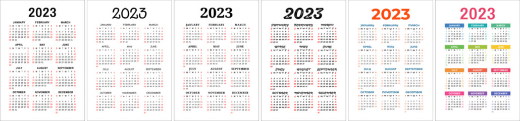 Calendar template 2023 set. Color english vertical calender collection