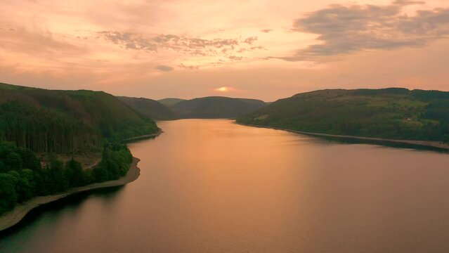 Aerial still footage of sunset over lake Vyrnwy in Mid Wales.