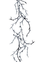 Halloween vertical seamless border of black thorn branches. Watercolor hand painted isolated illustration on white background.