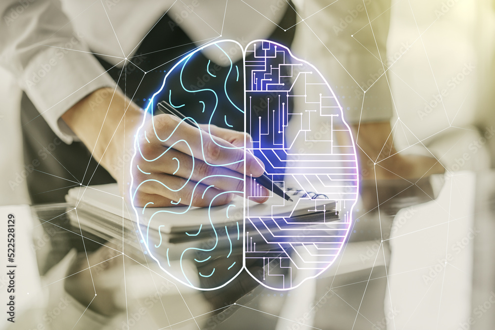 Aufkleber double exposure of creative artificial intelligence symbol with man hand writing in notebook on back
