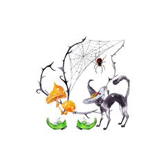 Halloween illustration of black cat with wizard hat and shoes near thorn branches with web and spider. Watercolor hand painted isolated illustration on white background.