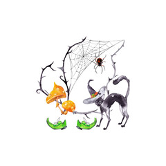 Obraz premium Halloween illustration of black cat with wizard hat and shoes near thorn branches with web and spider. Watercolor hand painted isolated illustration on white background.