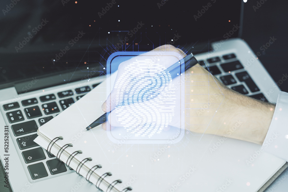 Aufkleber abstract creative fingerprint illustration with hand writing in diary on background with laptop, per