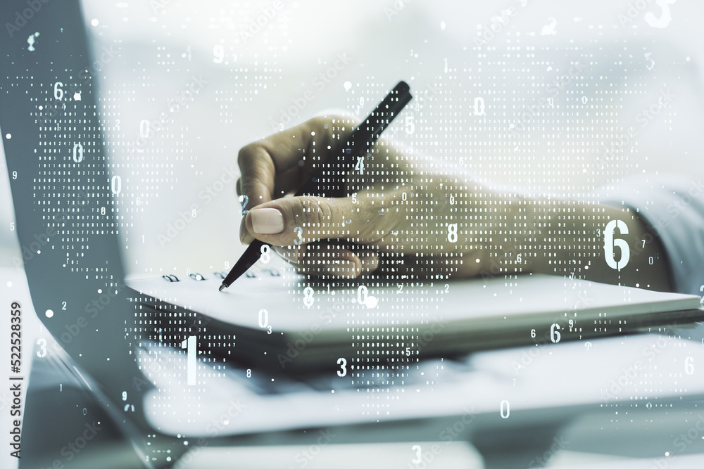 Poster double exposure of abstract programming language with world map and hand writing in notebook on back
