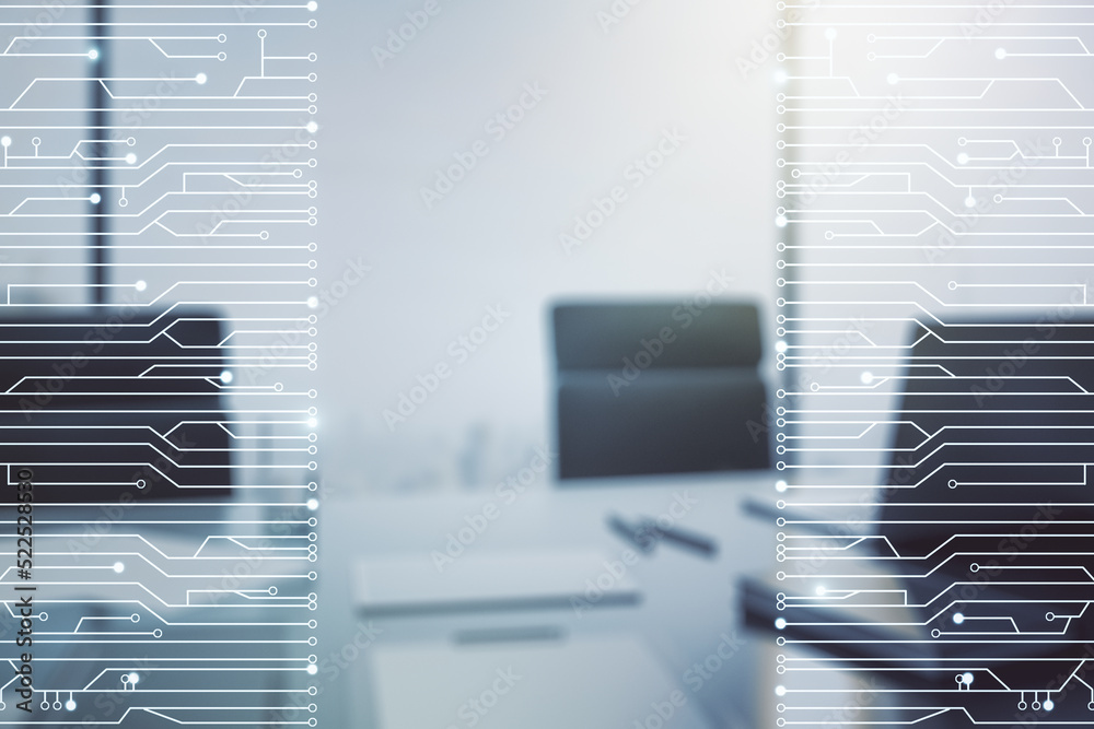 Poster creative concept of microscheme illustration and modern desktop with computer on background. big dat