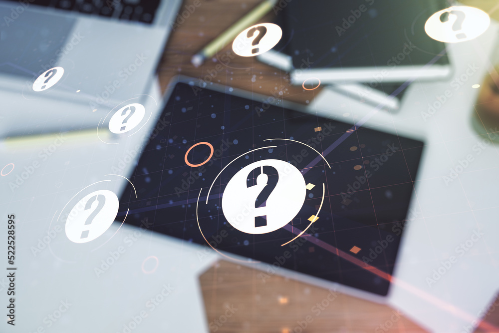 Aufkleber creative concept of question mark illustration and modern digital tablet on background, top view. fa