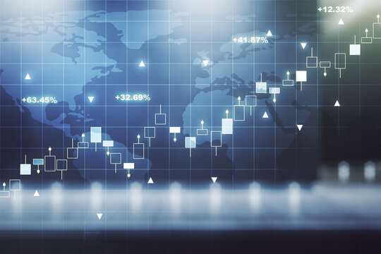 Multi exposure of virtual creative financial graph and world map on blurry modern office building background, forex and investment concept