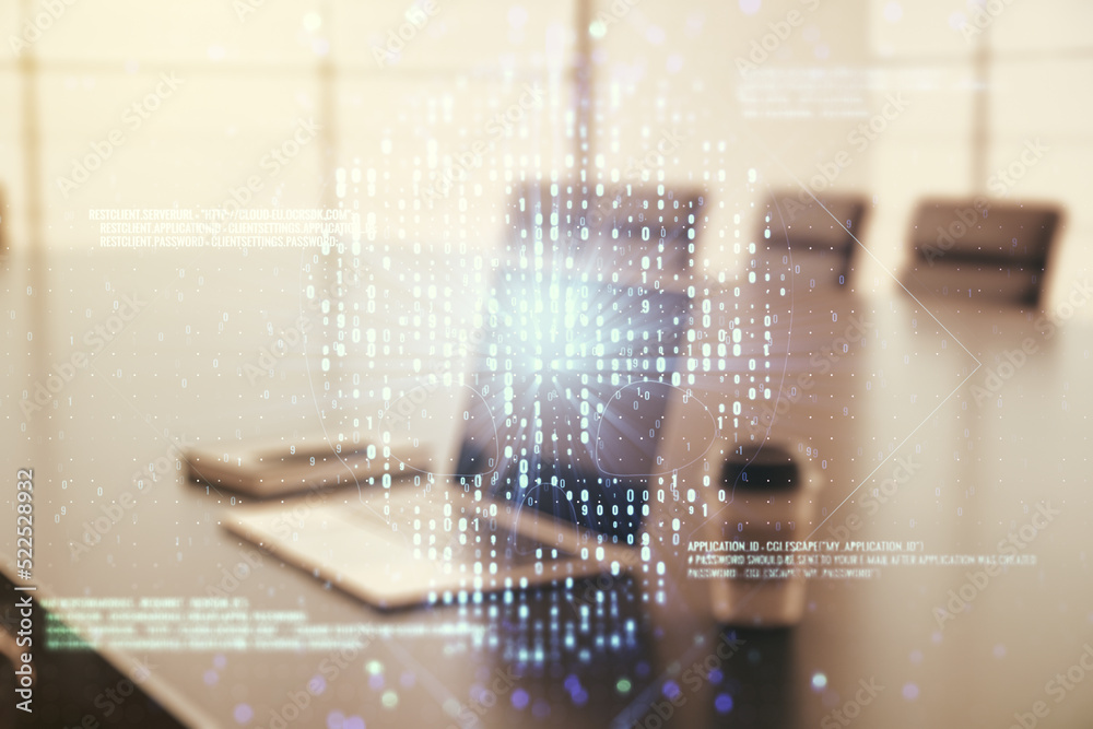 Poster creative concept of code skull illustration on modern laptop background. hacking and phishing concep
