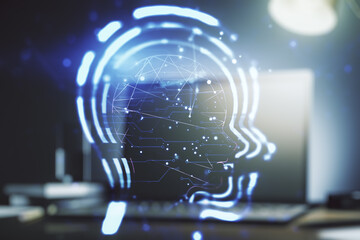 Creative artificial Intelligence concept with human head hologram on modern laptop background. Multiexposure