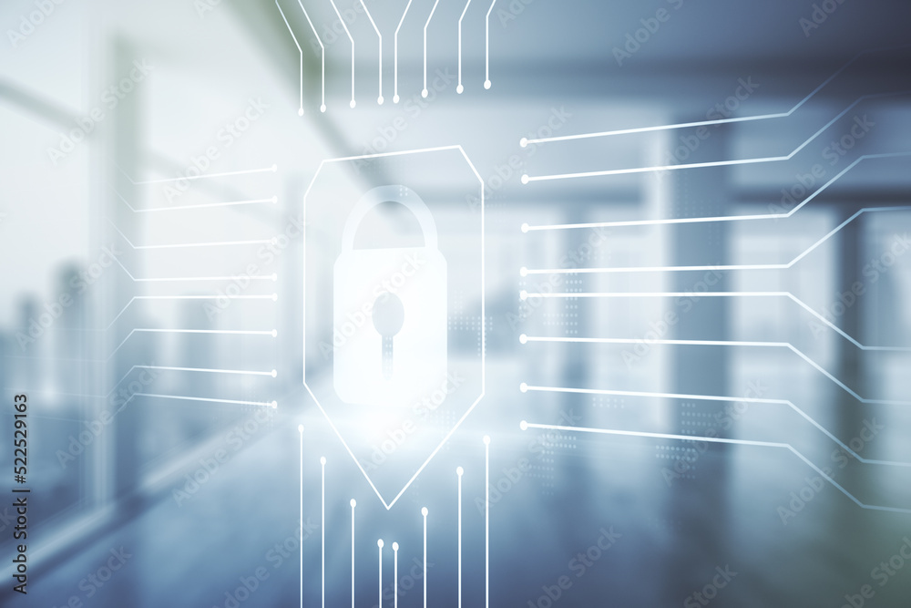 Aufkleber double exposure of virtual creative lock hologram with chip on empty modern office background. infor