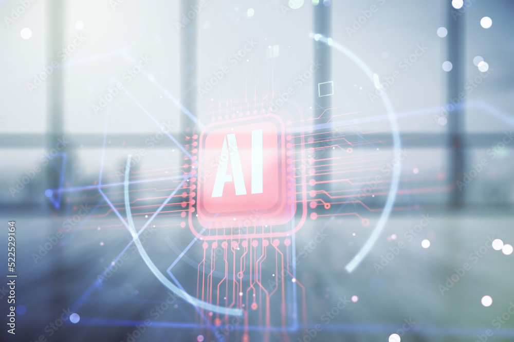 Aufkleber double exposure of creative artificial intelligence abbreviation hologram on empty room interior bac