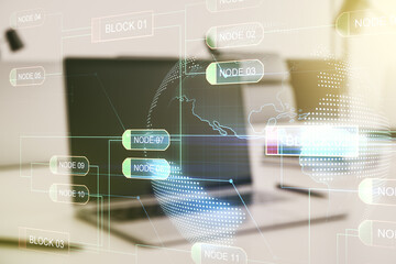 Multi exposure of abstract graphic coding sketch with world map on modern computer background, big data and networking concept