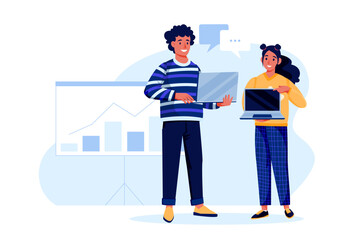 Couple holding laptops and showing result of data analysis or advertisement presentation. Vector illustration