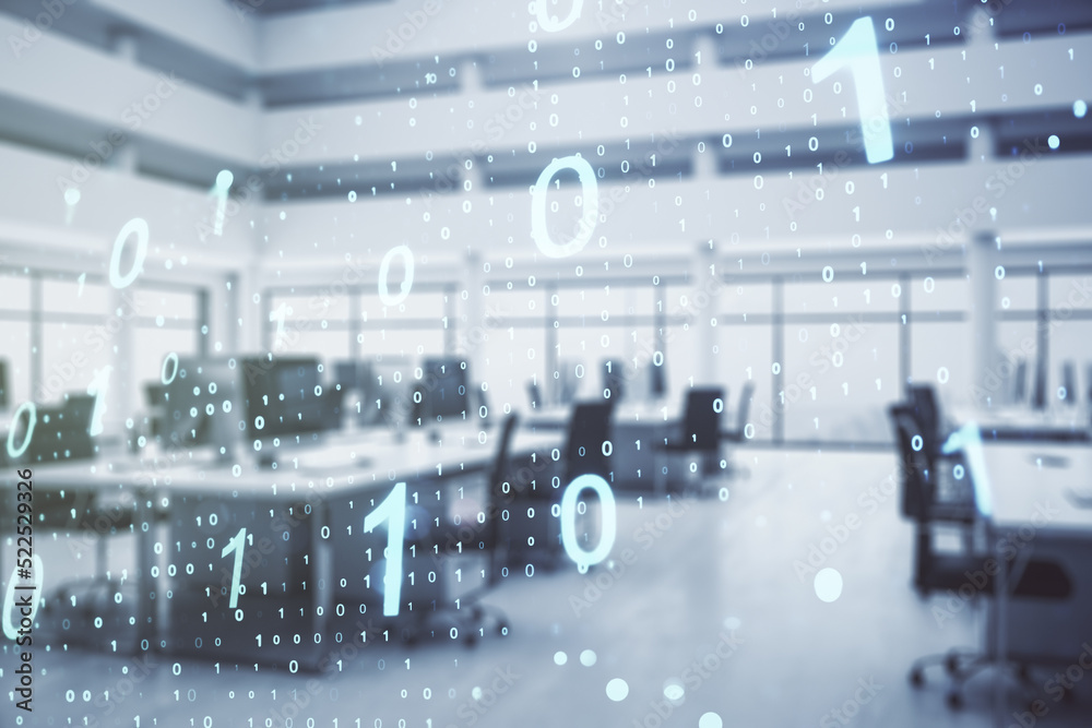 Aufkleber double exposure of abstract virtual binary code hologram on modern corporate office background. data