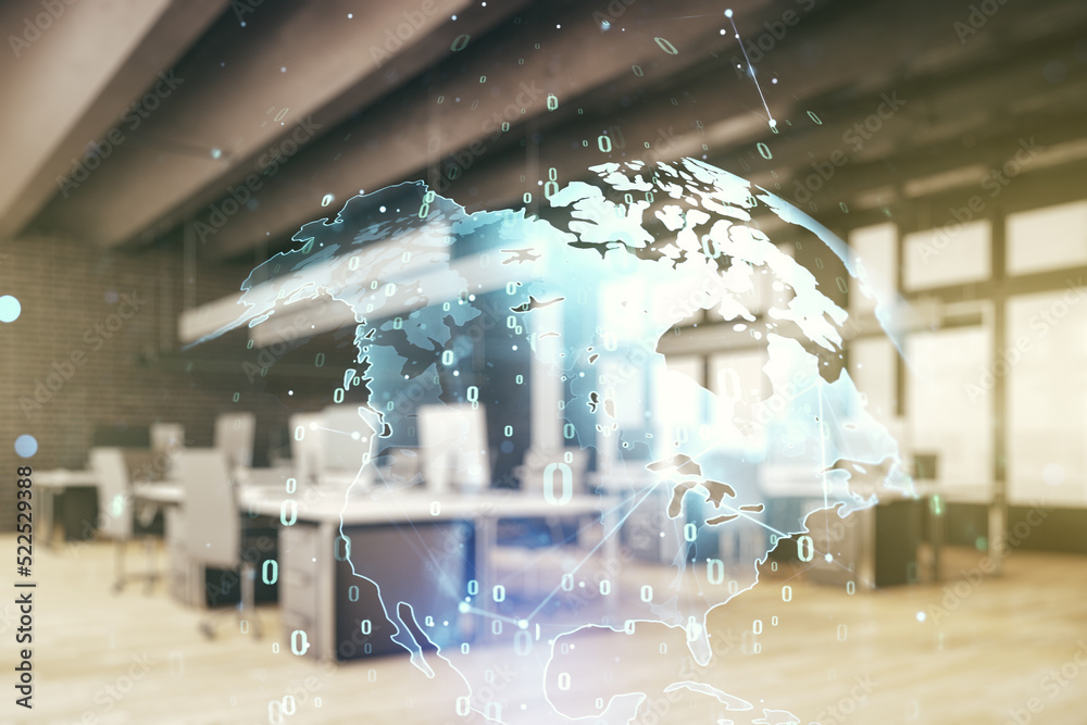 Poster multi exposure of abstract creative coding sketch and world map on a modern furnished office backgro