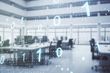 Double exposure of abstract virtual binary code hologram on modern corporate office background. Database and programming concept