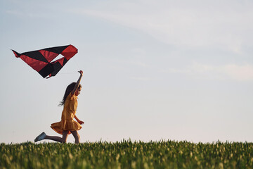 Running with kite. Happy girl have a walk outdoors on the field at summer