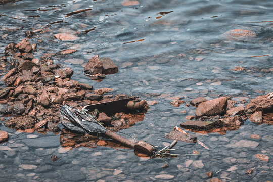 Electric rental scooter found in water in an urban area. Electronic toxic waste of water pollution concept