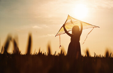 Fototapeta na wymiar Majestic view of beautiful sunlight and child with kite. Happy girl have a walk outdoors on the field at summer