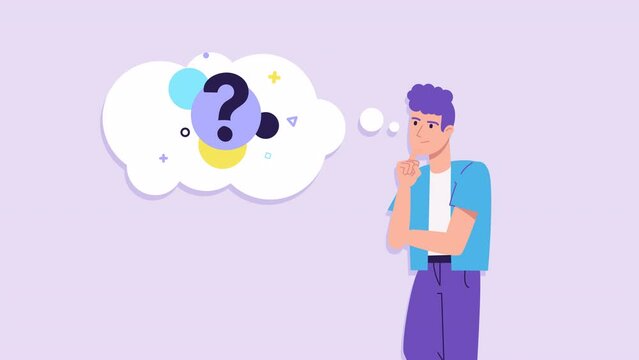 confused and puzzled man thinking and looking for answer animation. uncertainty, no solution concept. Character trying to solve problem. Question mark in speech bubble, Brainstorming. Animated footage