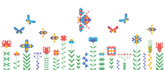 Geometric field of flowers and butterflies. Horizontal banner with floral on white background. Blooming flowers, leaves and insect border. Spring or summer botanical sketch, flat vector illustration