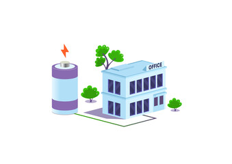Renewable green electricity storage battery powering an office. Green infrastructure concept illustration