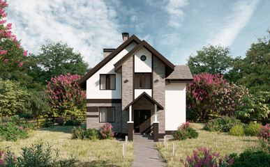Village style house. Beautiful landscape and wonderful outlook. Located in a picturesque area. 3d render