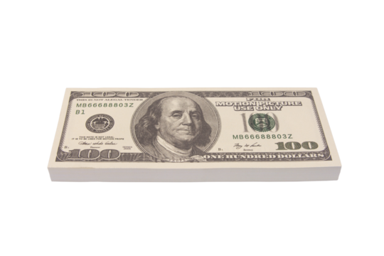 100 US Dollar bills bundles stack isolated on white background with clipping path