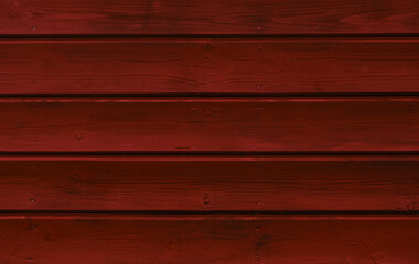 Stylish bright background for web design or lettering. Concept minimalistic horizontal red wooden background. Norwegian frame house, wall close-up. Freshly painted bright red wooden wall.