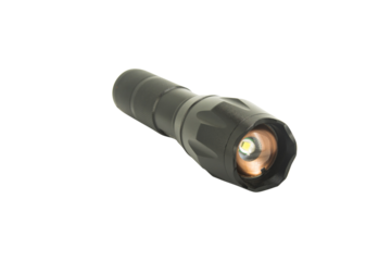 Black metal flashlight isolated on white background with clipping path