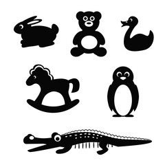 Silhouette of toy animals. Vector illustration of rabbit, bear, duck and penguin solated on white