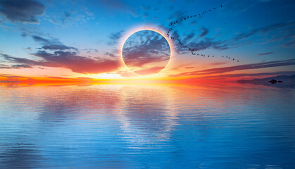 Migratory birds flying in the sky with Solar Eclipse at amazing sunset