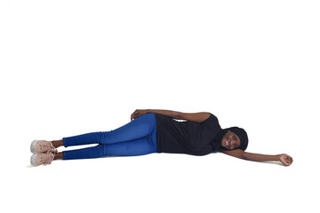 woman lying on the floor looking at camera over white background