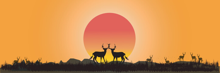 Fototapeta na wymiar Horizontal banner of landscape. Doe and fawn on magic misty meadow. Silhouettes of grass and animals. Pink and orange background, illustration. Bookmark. Kenya safari.