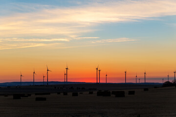 Naklejka premium Panoramic scenic landscape view new modern wind turbine farm power generation station against fiery warm sunset sky field. Clean sustainable zero emission alternative electricity windfarm industry